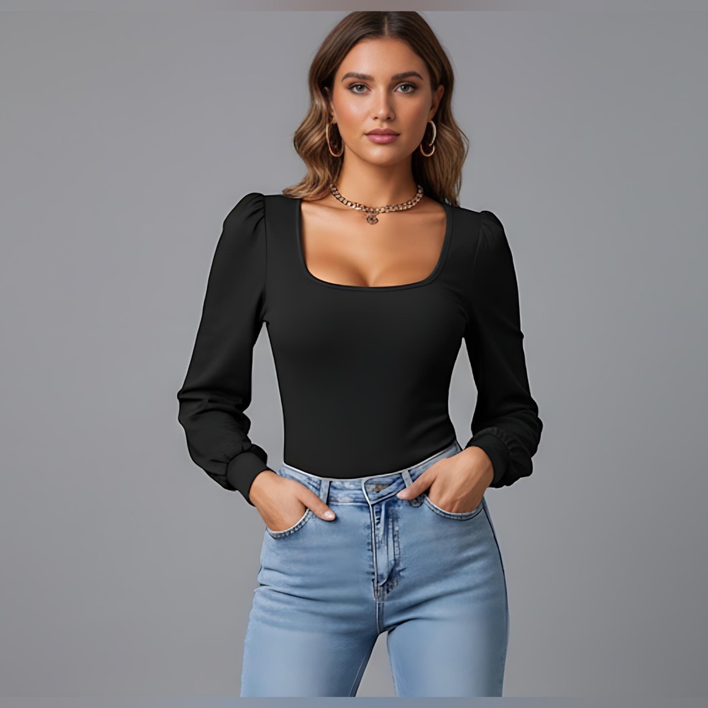 Black Scoop Neck Rib Knit Lantern Sleeve Tee
